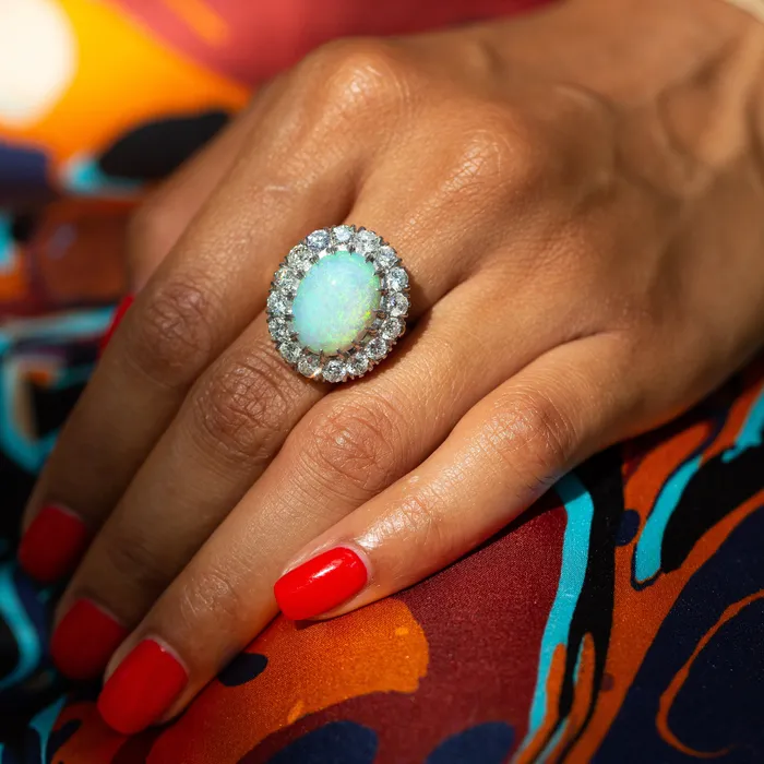 Rings Vintage 1950s Large Opal and Diamond Cluster Ring in Platinum and 14k Gold