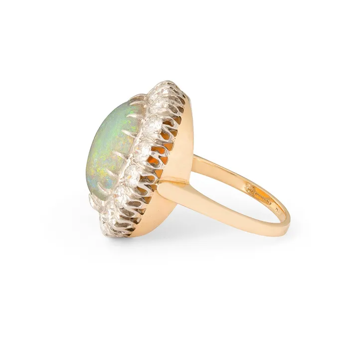Rings Vintage 1950s Large Opal and Diamond Cluster Ring in Platinum and 14k Gold