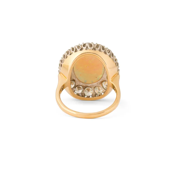 Rings Vintage 1950s Large Opal and Diamond Cluster Ring in Platinum and 14k Gold