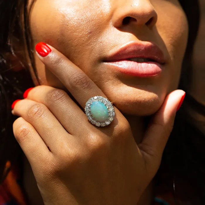 Rings Vintage 1950s Large Opal and Diamond Cluster Ring in Platinum and 14k Gold