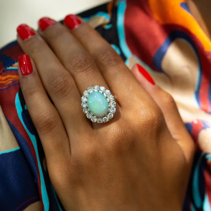 Rings Vintage 1950s Large Opal and Diamond Cluster Ring in Platinum and 14k Gold