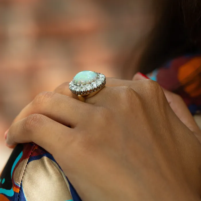 Rings Vintage 1950s Large Opal and Diamond Cluster Ring in Platinum and 14k Gold