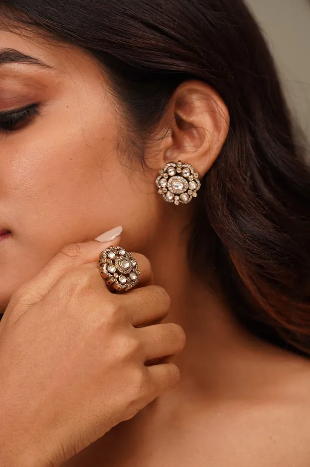 Sasha Antique Gold Studs Ring Combo Attrangi Rings