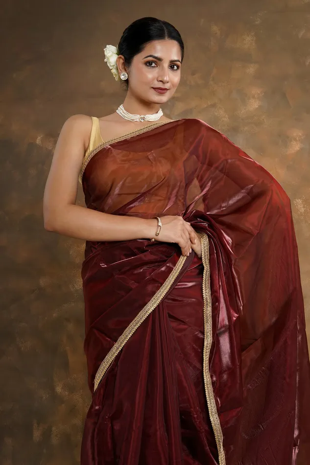 Teejh Earrings Teejh Majestic Maroon Tissue Saree