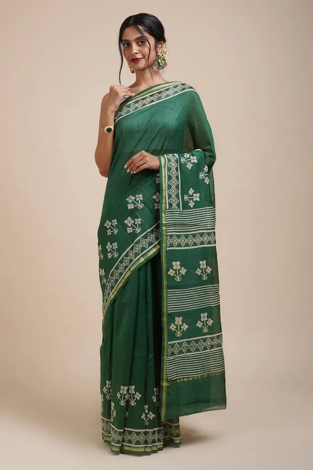 Teejh Green Chilli Bottle Green Block Print Chanderi Silk Saree Teejh Necklaces