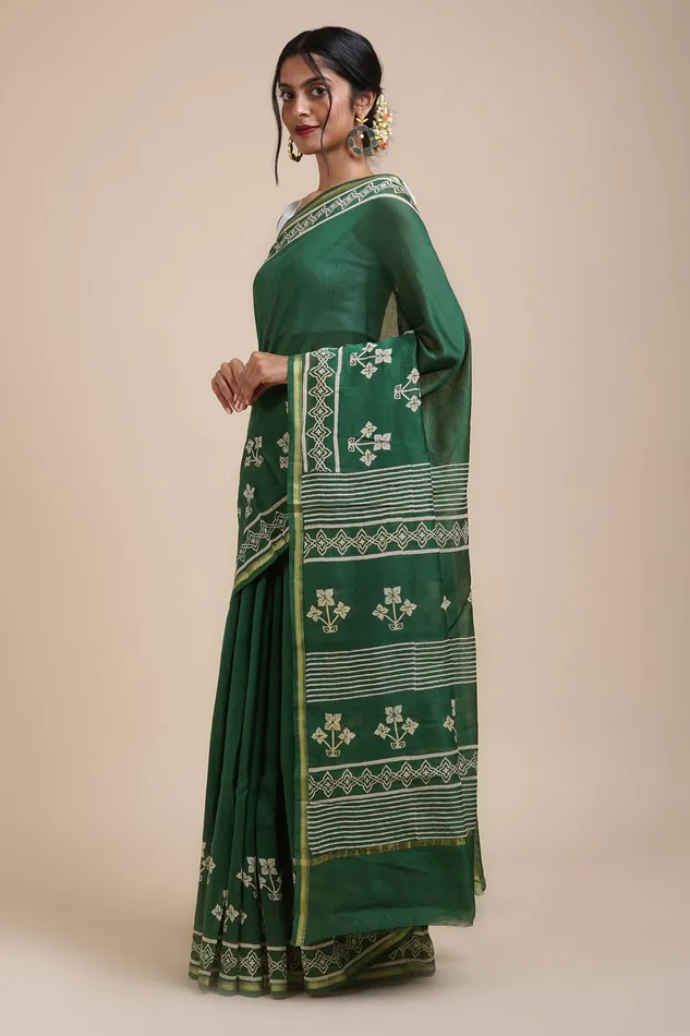 Teejh Green Chilli Bottle Green Block Print Chanderi Silk Saree Teejh Necklaces