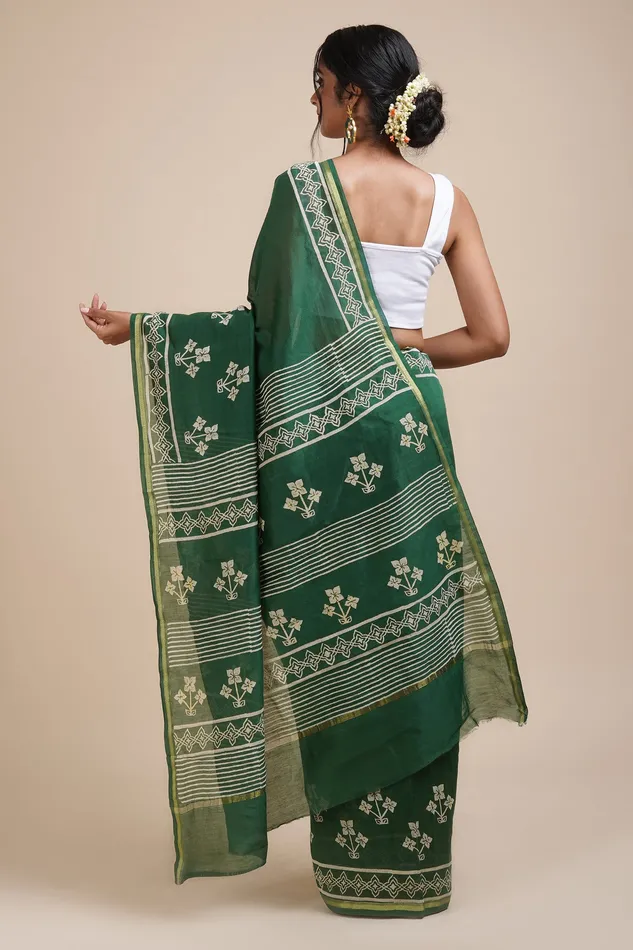 Teejh Green Chilli Bottle Green Block Print Chanderi Silk Saree Teejh Necklaces
