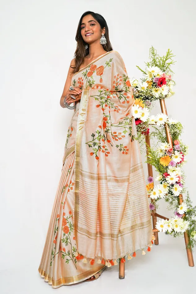 Teejh Gulrang Cream and Orange Silk Linen Saree with Blouse Piece Teejh Necklaces Teejh Gulrang Cream and Orange Silk Linen Saree with Blouse Piece Teejh Necklaces