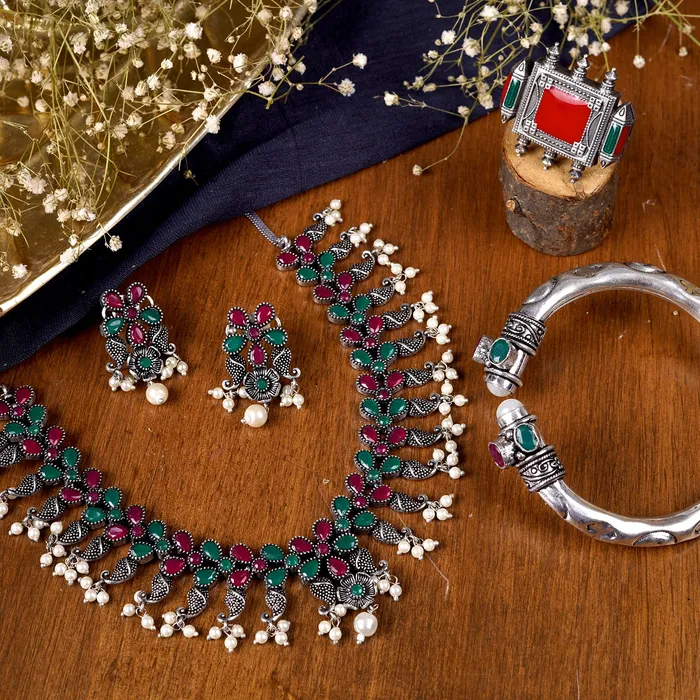 Teejh Namasya Multi Colored Silver Oxidized Jewelry Gift Set Teejh Earrings