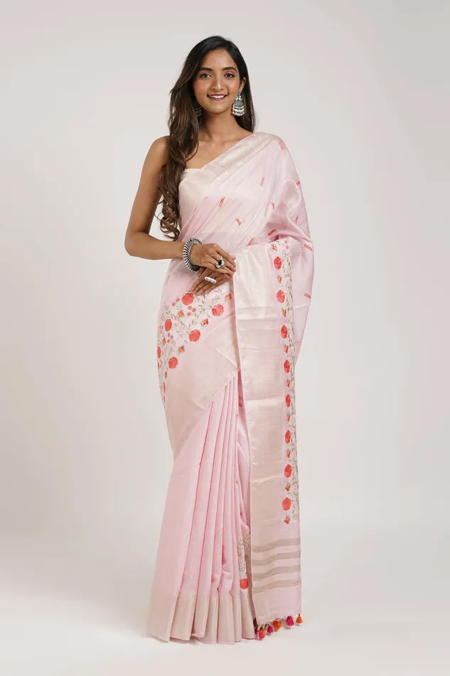 Teejh Necklaces Teejh Keya Pink Pure Silk Linen Saree With Blouse Piece Teejh Necklaces Teejh Keya Pink Pure Silk Linen Saree With Blouse Piece