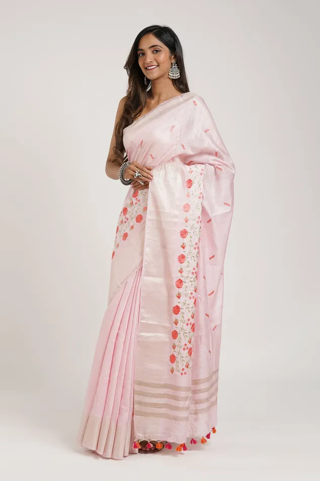 Teejh Necklaces Teejh Keya Pink Pure Silk Linen Saree With Blouse Piece Teejh Necklaces Teejh Keya Pink Pure Silk Linen Saree With Blouse Piece