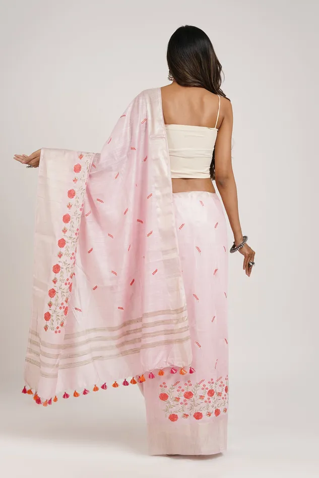 Teejh Necklaces Teejh Keya Pink Pure Silk Linen Saree With Blouse Piece Teejh Necklaces Teejh Keya Pink Pure Silk Linen Saree With Blouse Piece