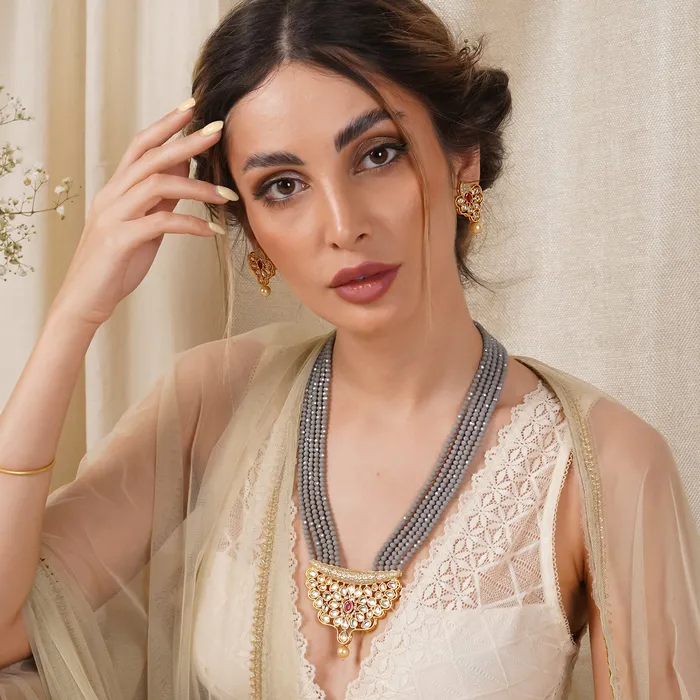 Teejh Necklaces Teejh Ranihaar Light Grey Beads And Stone Necklace Set