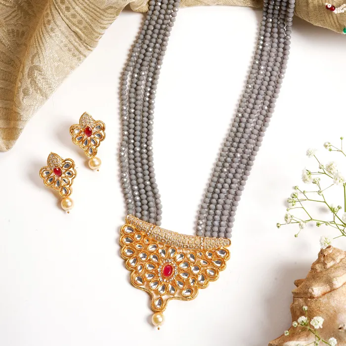 Teejh Necklaces Teejh Ranihaar Light Grey Beads And Stone Necklace Set