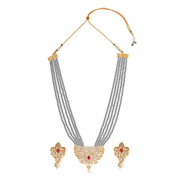 Teejh Necklaces Teejh Ranihaar Light Grey Beads And Stone Necklace Set