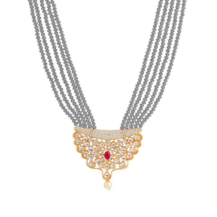 Teejh Necklaces Teejh Ranihaar Light Grey Beads And Stone Necklace Set