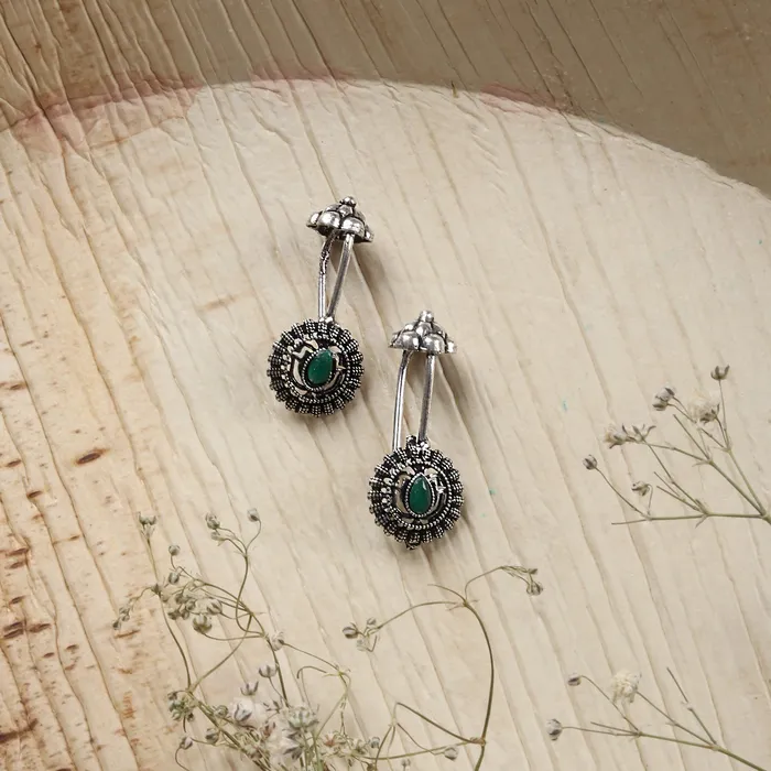Teejh Nitara Green Stone Silver Oxidised Clip On Bugadi Teejh Earrings Teejh Nitara Green Stone Silver Oxidised Clip On Bugadi Teejh Earrings