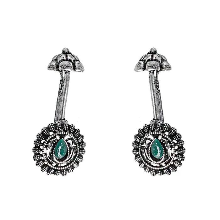 Teejh Nitara Green Stone Silver Oxidised Clip On Bugadi Teejh Earrings Teejh Nitara Green Stone Silver Oxidised Clip On Bugadi Teejh Earrings