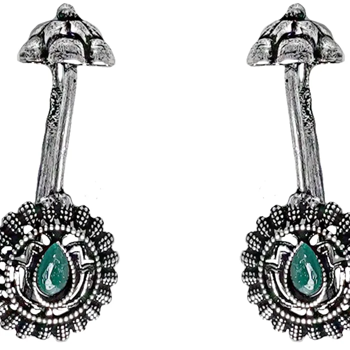 Teejh Nitara Green Stone Silver Oxidised Clip On Bugadi Teejh Earrings Teejh Nitara Green Stone Silver Oxidised Clip On Bugadi Teejh Earrings