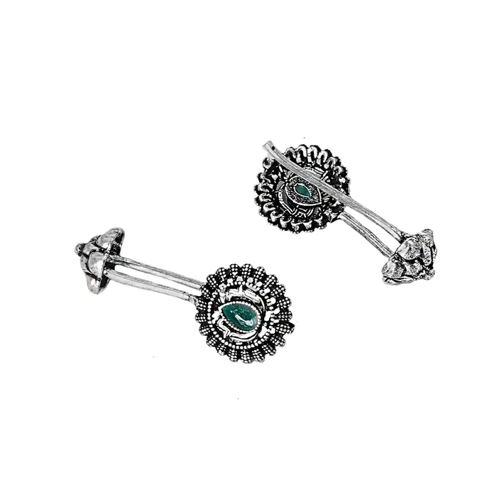 Teejh Nitara Green Stone Silver Oxidised Clip On Bugadi Teejh Earrings Teejh Nitara Green Stone Silver Oxidised Clip On Bugadi Teejh Earrings