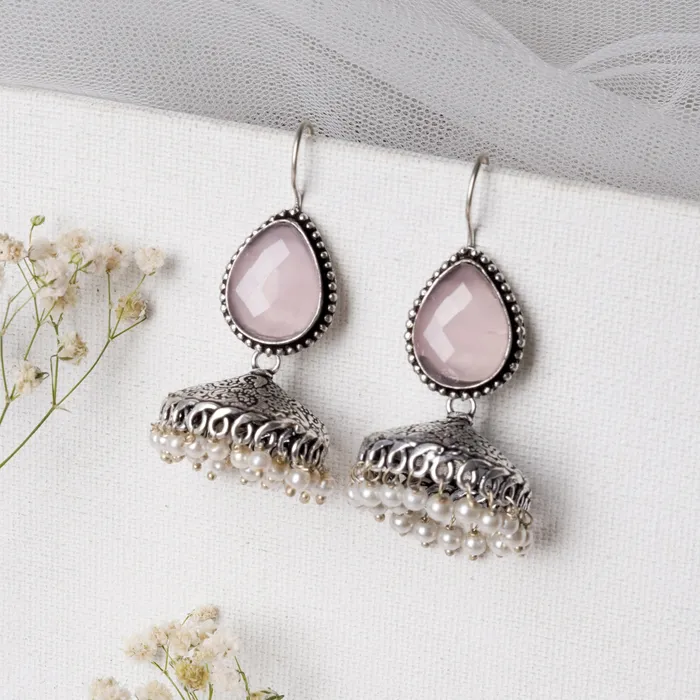 Teejh Sahasra Pink Stone Silver Oxidised Earrings Teejh Earrings