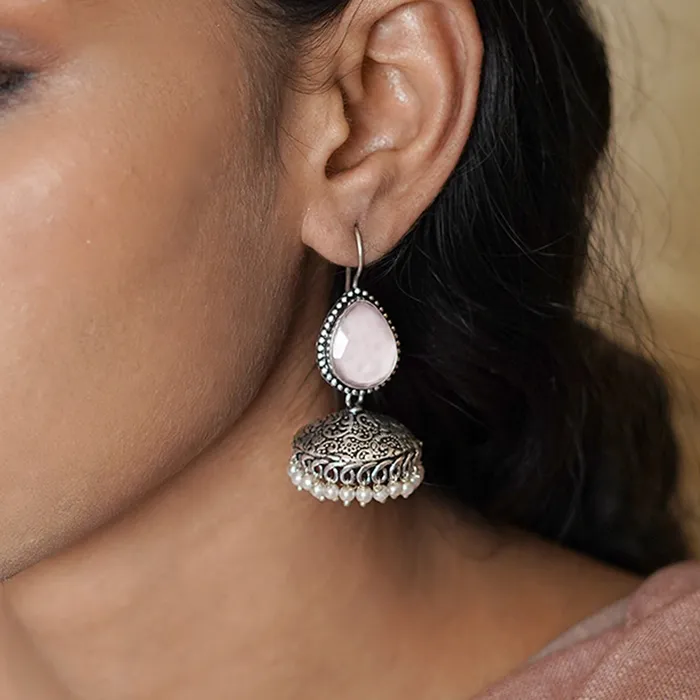 Teejh Sahasra Pink Stone Silver Oxidised Earrings Teejh Earrings Teejh Sahasra Pink Stone Silver Oxidised Earrings Teejh Earrings