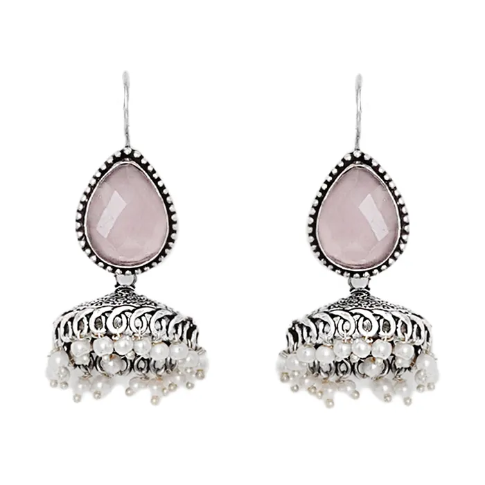 Teejh Sahasra Pink Stone Silver Oxidised Earrings Teejh Earrings Teejh Sahasra Pink Stone Silver Oxidised Earrings Teejh Earrings