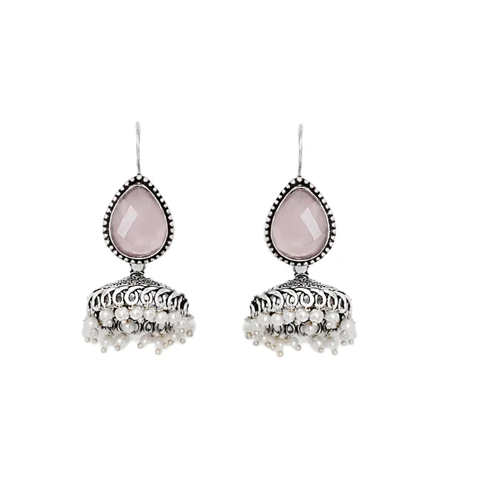 Teejh Sahasra Pink Stone Silver Oxidised Earrings Teejh Earrings Teejh Sahasra Pink Stone Silver Oxidised Earrings Teejh Earrings