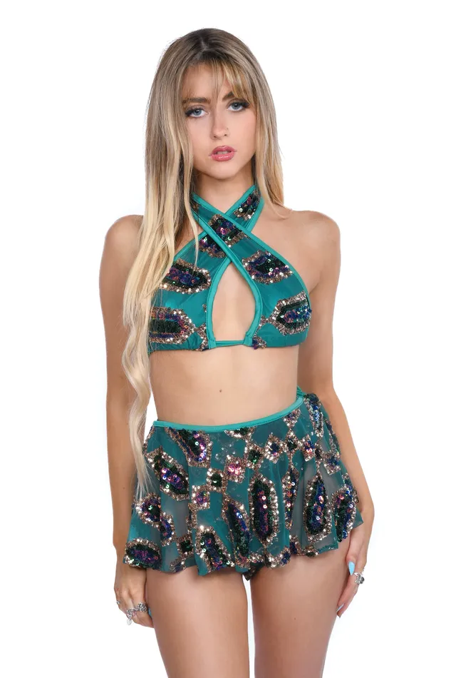 THE LUMI SHOP Earrings Emerald Jade Goddess Sequin Skirt Set 2pc