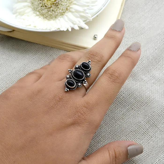 Veena Black Silver Oxidized Stone Ring Teejh Rings