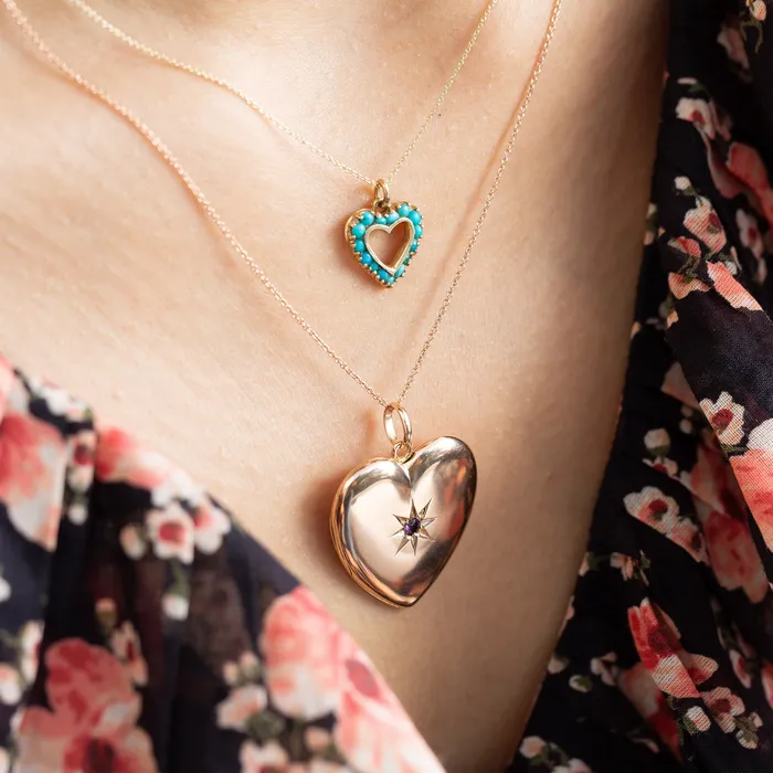 Victorian 10K Rose Gold and Garnet Starburst Heart Locket Vintage Necklaces