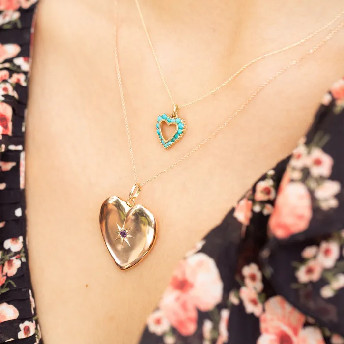 Victorian 10K Rose Gold and Garnet Starburst Heart Locket Vintage Necklaces