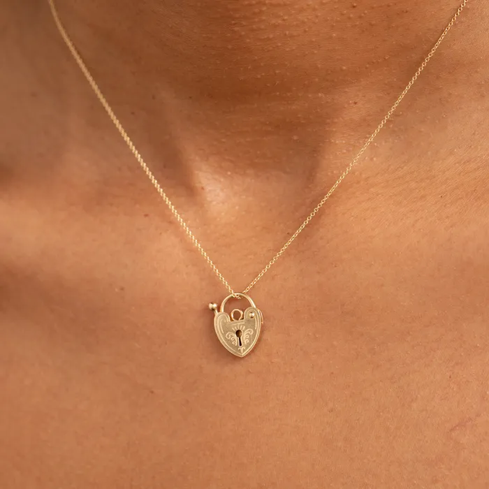 Vintage Necklaces Engraved 14k Gold Heart Padlock Charm