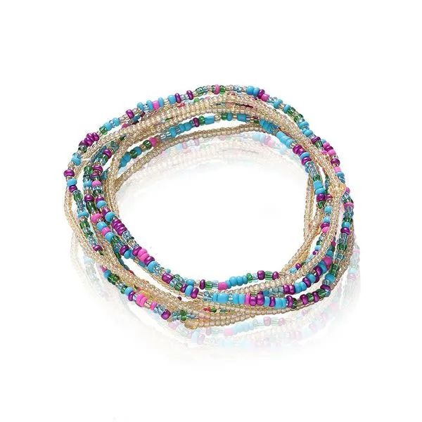 01 Bracelets B633 Pink Blue Seed Bead Layered Bracelet
