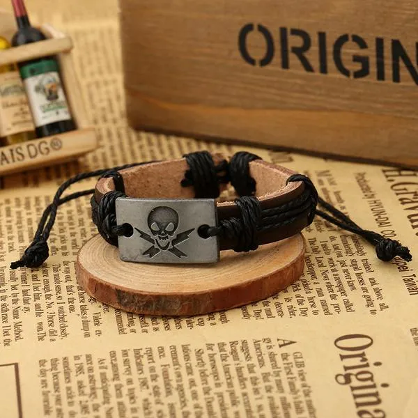 01 Bracelets B70 Black Cord Lightning Skull Bracelet