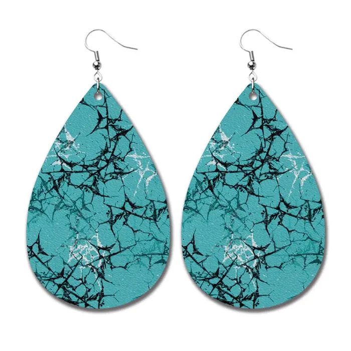 01 Earrings AZ413 Leather Water Drop Black White Turquoise Print Earrings