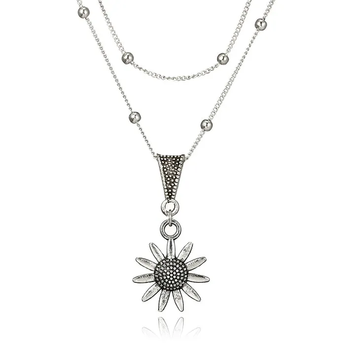 01 Necklaces N394 Silver Layered Daisy Necklace with FREE Earrings