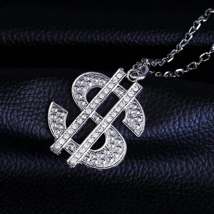 01 Necklaces N849 Silver Dollar Sign Diamond Studded Necklace