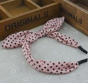 01 Rings H637 Peach Black Polka Dots Fabric Covered Head Band with Bow