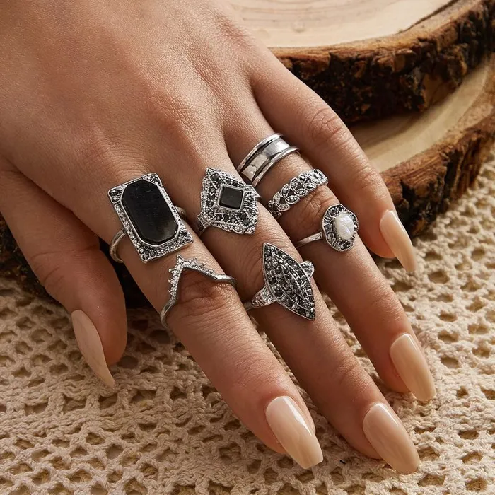 01 Rings RS68 Silver Color 7 Piece Ring Set