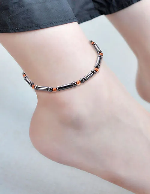 02 Bracelets B474 Gun Metal Orange Bead Ankle Bracelet