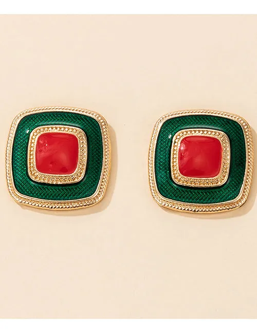 02 E1720 Gold Red Green Square Earrings Earrings