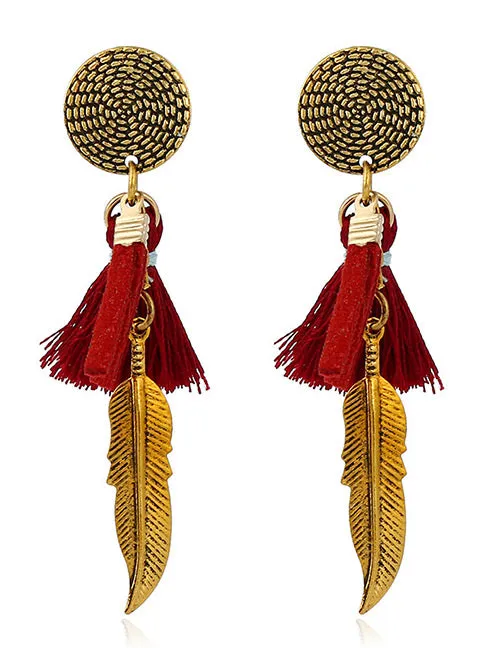 02 Earrings E1459 Gold Feather Red Tassel Earrings