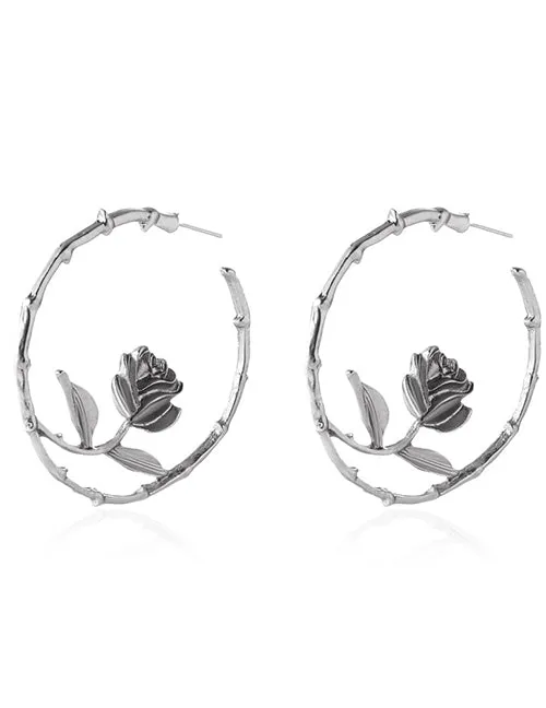 02 Earrings E1599 Silver Textured Hoop with Rose Earrings