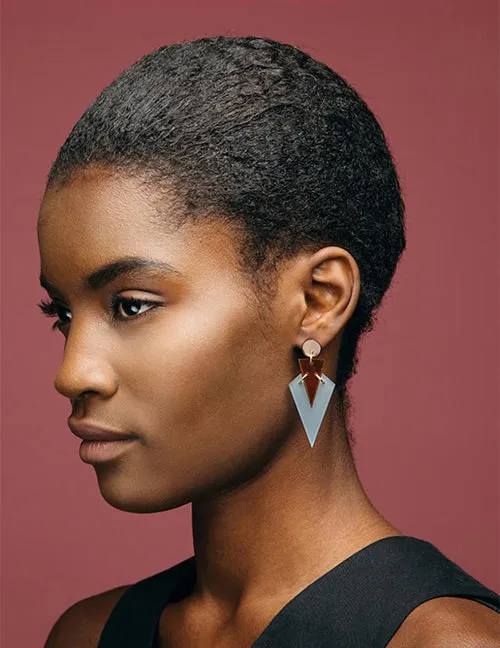 02 Earrings E1841 Silver Acrylic Brown Gray Triangle Design Earrings