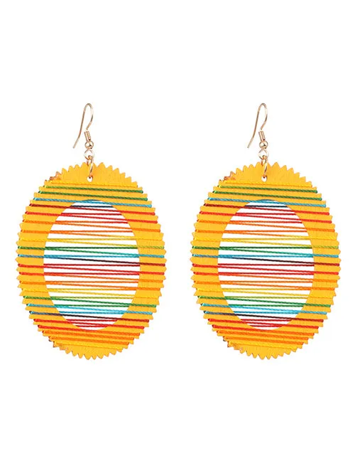 02 Earrings E507 Golden Yellow Wooden Oval with Multi String Earrings