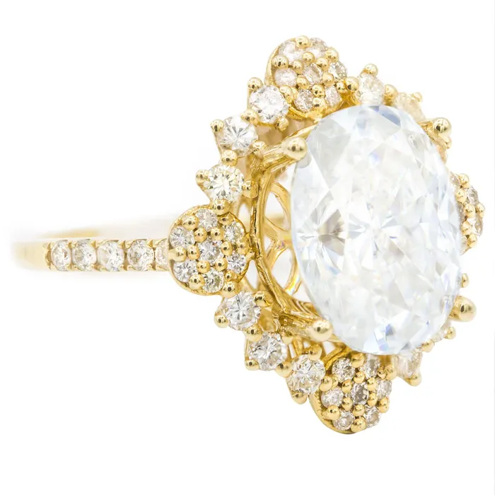 12x10mm Crushed Ice Oval Moissanite 14K Yellow Gold Diamond Decorative Halo Ring Fire Brilliance Rings