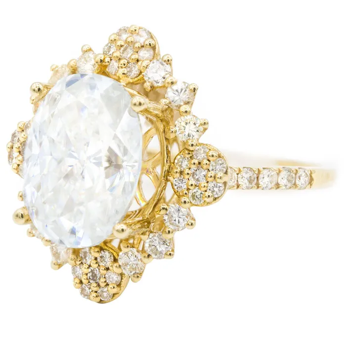 12x10mm Crushed Ice Oval Moissanite 14K Yellow Gold Diamond Decorative Halo Ring Fire Brilliance Rings