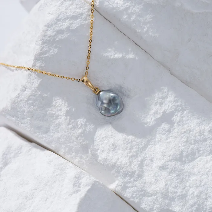 18K Solid Gold Saltwater Tahitian Keshi Pearl Necklace KN00171 Pearly Lustre Necklaces
