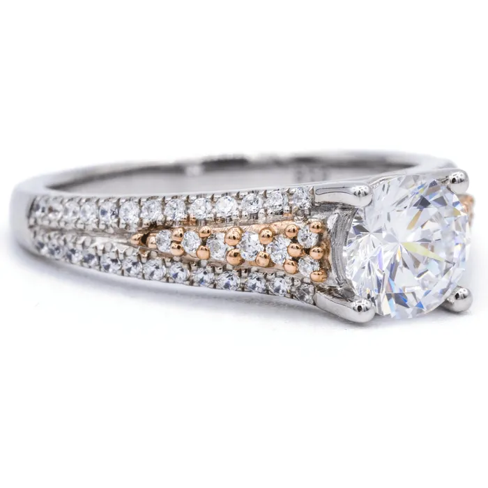 75mm Round Center Two Tone 14K White and Rose Gold Diamond Shank Ring Fire Brilliance Rings 75mm Round Center Two Tone 14K White and Rose Gold Diamond Shank Ring Fire Brilliance Rings